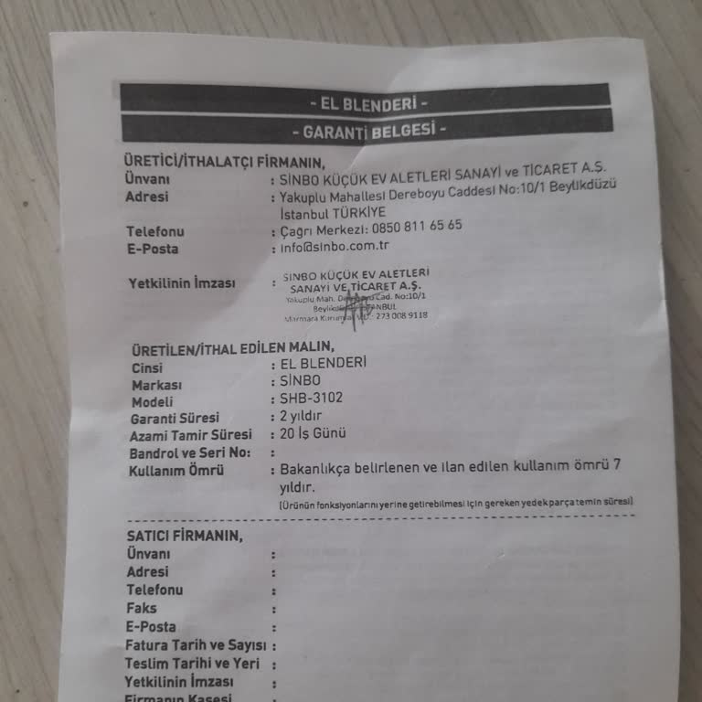 Sinbo Seri No Yazmıyor