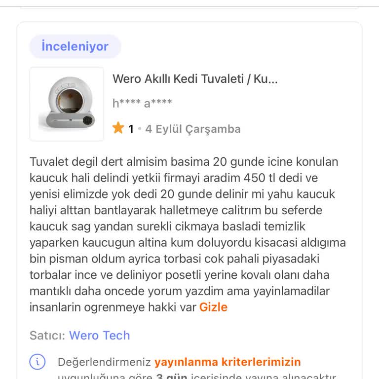 Hepsiburada Wero Marka Akıllı Kedi Tuvaletinde Yaşanan Sorunlar