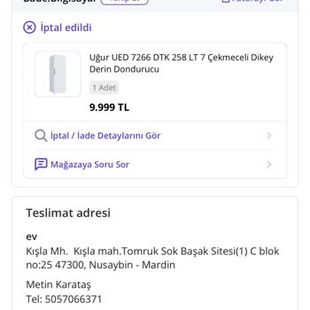 N11 Uğur Derin Dondurucu Sipariş İptali