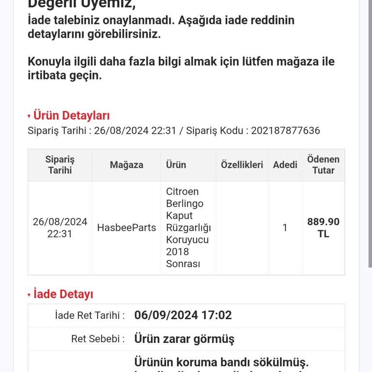 N11 Ürün İade Başvurumun Reddi