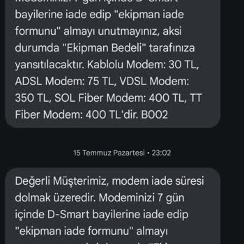 D-Smart Net Abonelik İptali Sonrası İade Edilmeyen Ekipmanın Fiyat Farkı