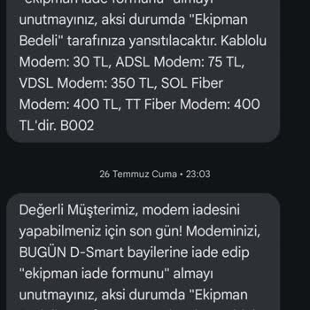 D-Smart Net Abonelik İptali Sonrası İade Edilmeyen Ekipmanın Fiyat Farkı