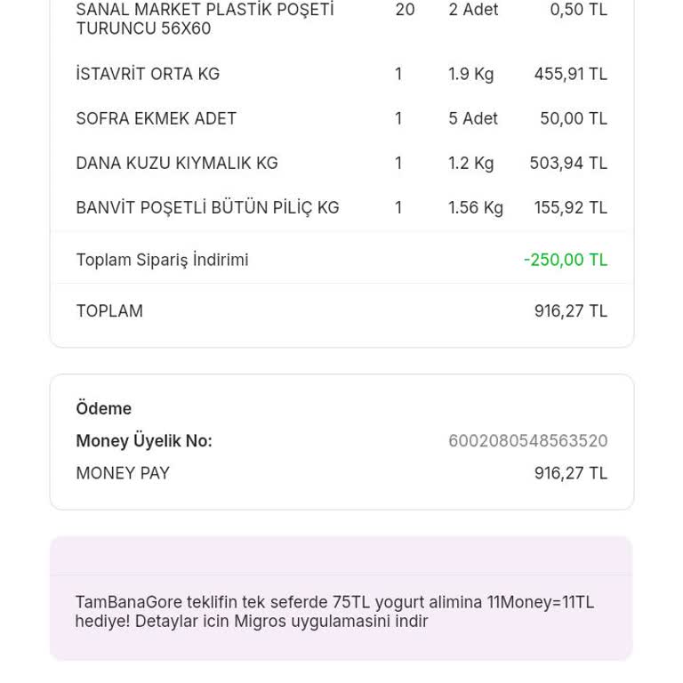 Migros, Teslim Edilmeyen Ürünün Ücret İadesini İstiyorum