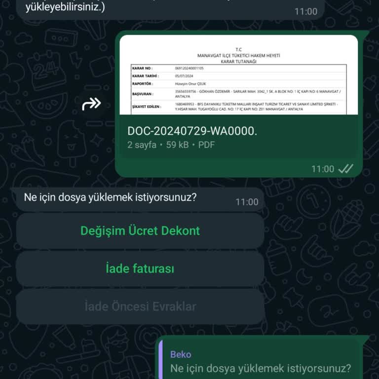 Beko Hakem Heyeti Kararına Göre İade Yapılmaması.