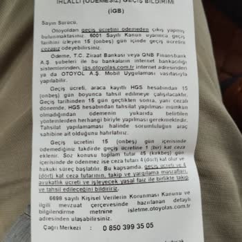 Otoyol A.Ş Haksiz Ve Yanlış Tahsilat