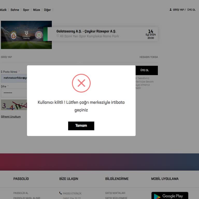 Passolig Kullanıcı Kilitli Hatası Alıyorum
