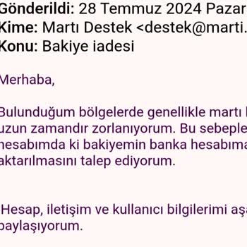 Martı Hesaptaki Bakiyeyi İade Yapmıyor