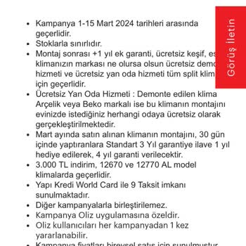 Arçelik Klimanın +1 Yıl Garanti Kampanyası Uygulanmadı