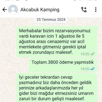 Akçabük Kamping Cenaze Nedeniyle İptal Edilen Rezervasyonun Ücreti İade Edilmedi