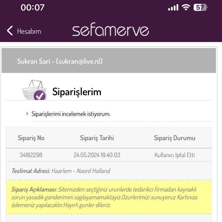 Sefamerve İptal Edilen Ürünün Geri Parasını Ödenmesi