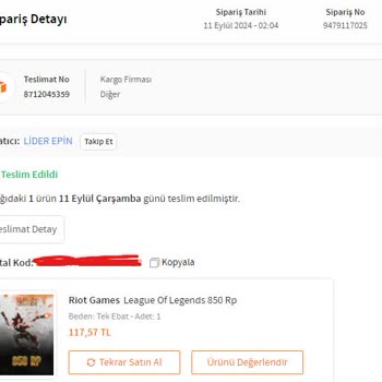 Trendyol Lider Epin Kullanılmış LoL RP Kodu