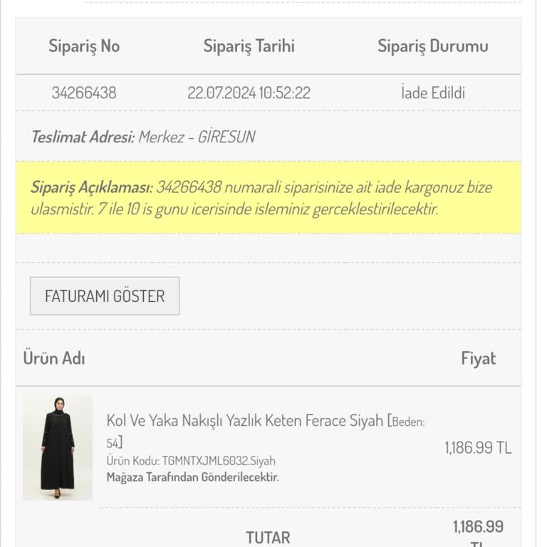 Sefamerve Ürün Ücreti İadesi