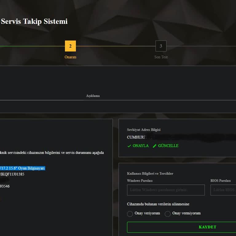 Monster Notebook Olmayan Cihaza Servis Kaydı