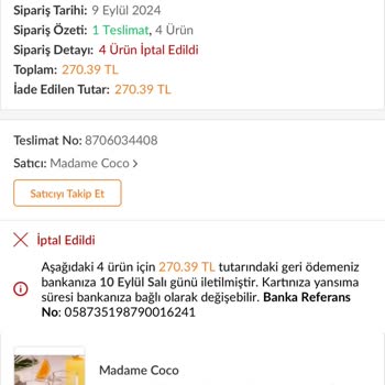 Madame Coco Stokta Varken Ürünümün İptal Edilmesi