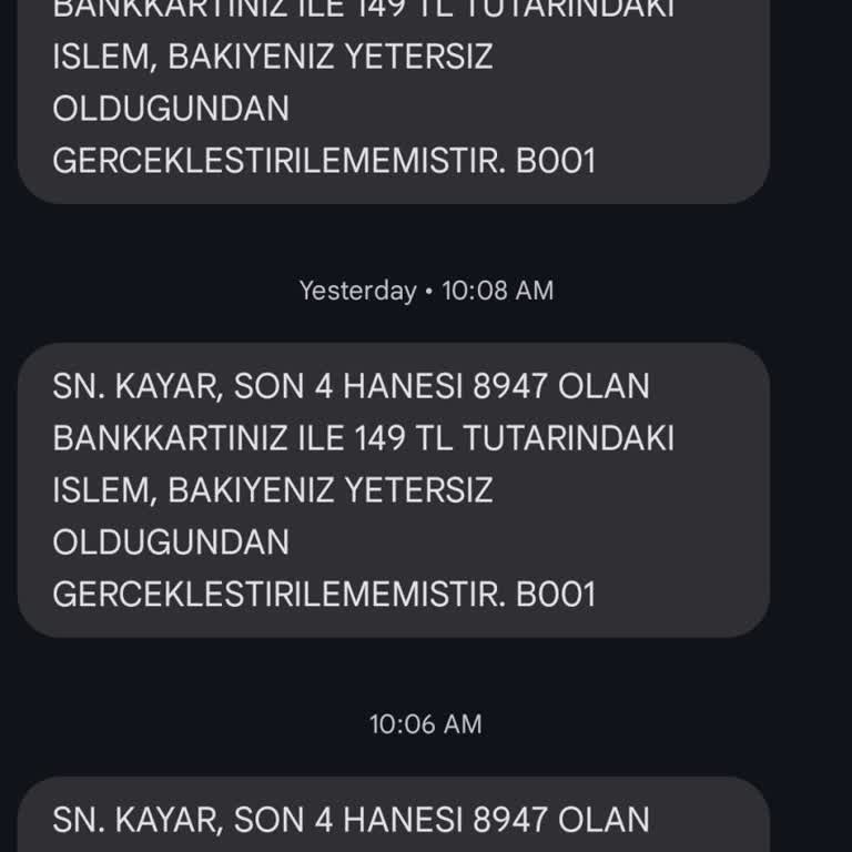 Ziraat Bankası Ziraat Kartımdan Yetersiz Bakiyeden Dolayı Aynı Mesajlar Geliyor.