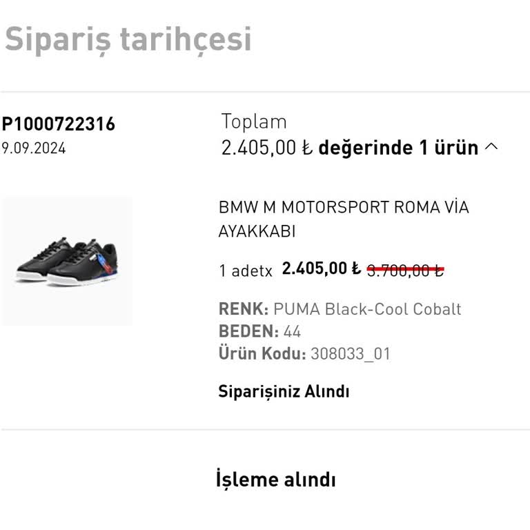 Puma Sipariş İptal Edilmedi.