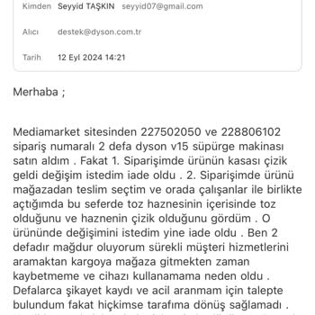Dyson Tarafıma Üst Üste Çizik Ürün Gönderilmesi.