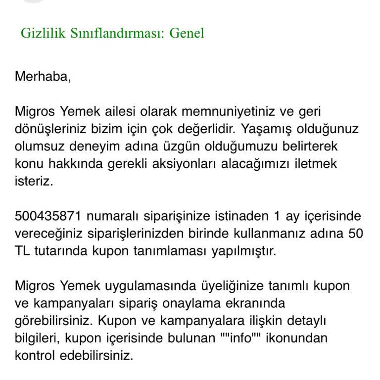 Migros Yemek Sipariş İptal İade