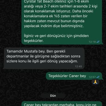 Crystal Hotels Crystal Tat Beach Otel-Yaşanan Mağduriyet Ve Söze Uygun İndirim Talebi