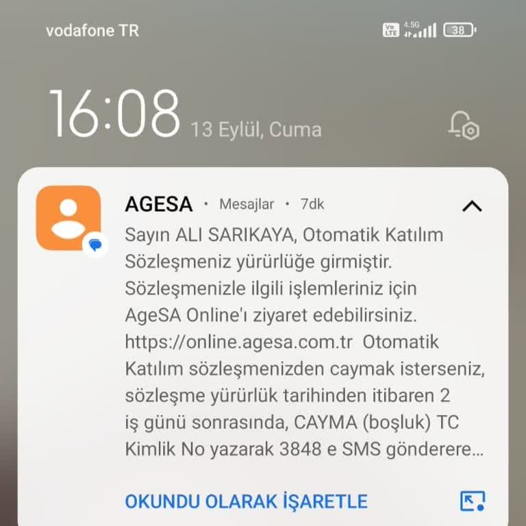 Agesa Sigorta Sözleşme Mesajı
