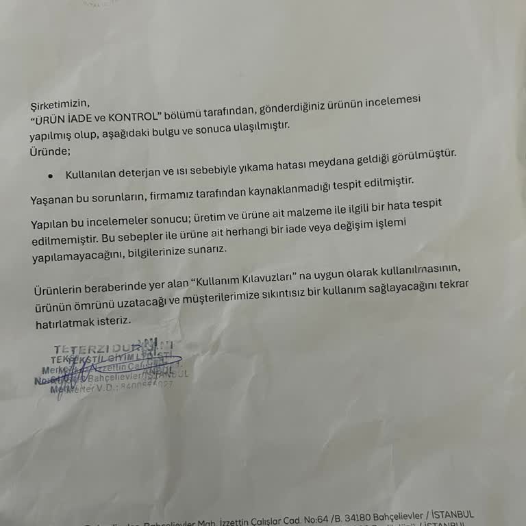 Terzi Dükkanı (terzidukkani.com) Değişim Veya İade Talep Ediyorum