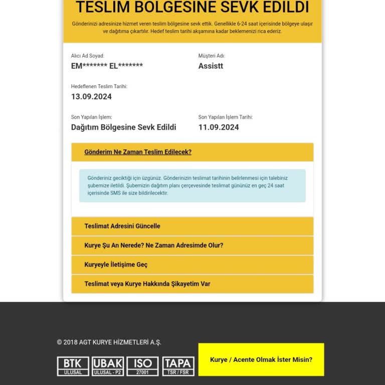 AGT Kurye (aynigunteslim.com) Kırklareli AGT Siparişimi Getirmiyor