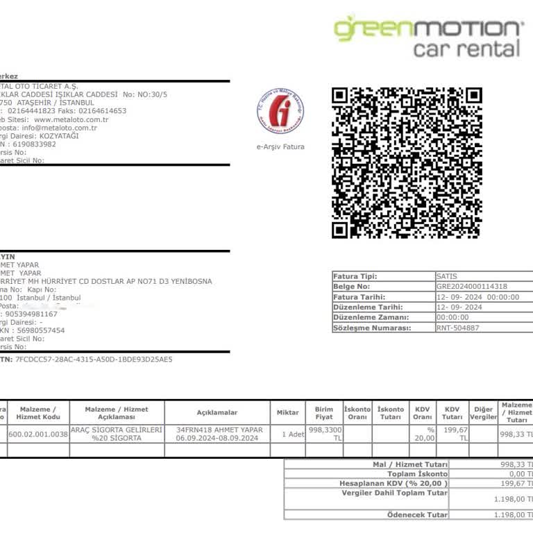 Metal Oto Kiralama Bilgilerim Kullanılarak Düzenlenen Faturalar Hk.