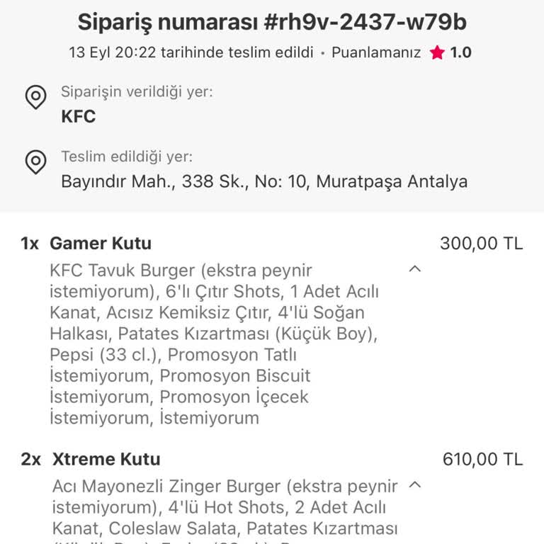 KFC Sipariş Hataları Ve Kalitesiz Ürünler