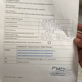 Retraso y pérdida de equipaje en vuelo SunExpress Dusseldorf-Adana 20/07/2024