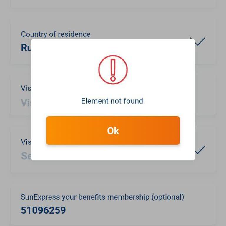 SunExpress Airlines Check-in en Línea - Error 'Elemento No Encontrado'