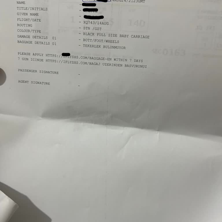 XQ743: Carrito Dañado y Artículos Perdidos en Vuelo Londres-Gaziantep