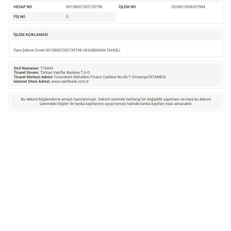 VakıfBank Para Çekme Limiti 20000 TL Olmasına Rağmen 200 TL Masraf Alınmıştır