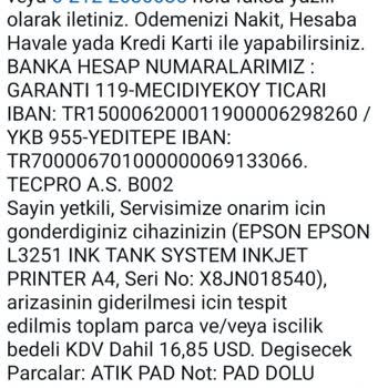 Epson Yazıcıda Mürekkep Pedi Sorunu Ve Garanti Kapsamı Dışında Bırakılması