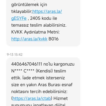 Aras Kargo 4406467046111 Numaralı Kargo Teslim Edilmedi Teslim Edildi Girilmiş
