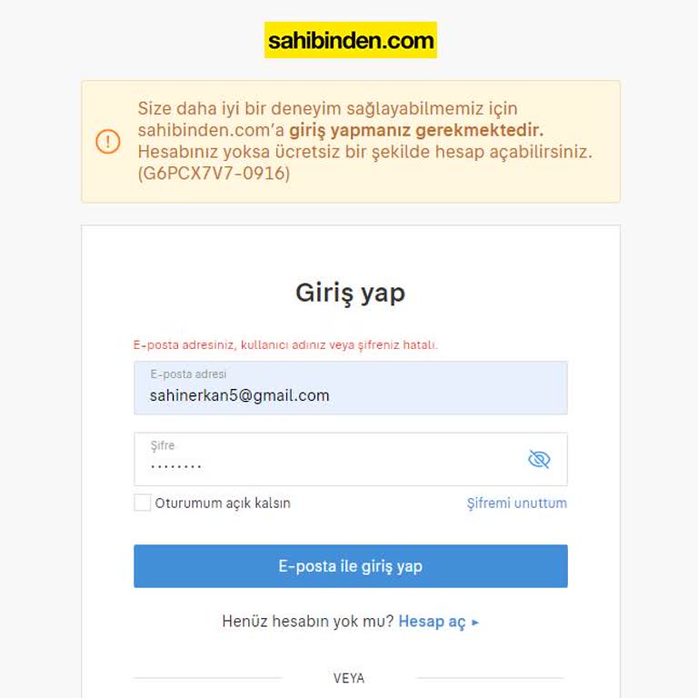 Sahibinden.com Giriş Problemi