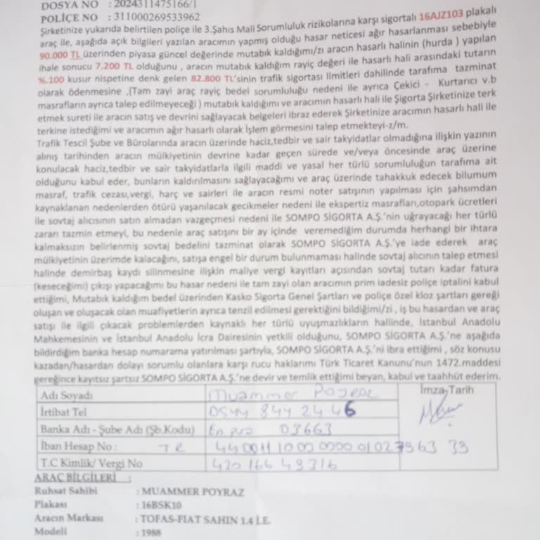Sompo Sigorta Pert Olan Aracımın Değerini Ödemedi