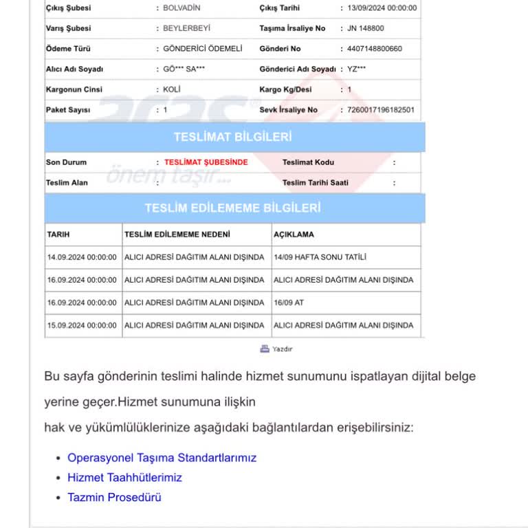 Aras Kargo Beylerbeyi Şubesi Teslimat Sıkıntısı Yaşanıyor. İlçe Dışı