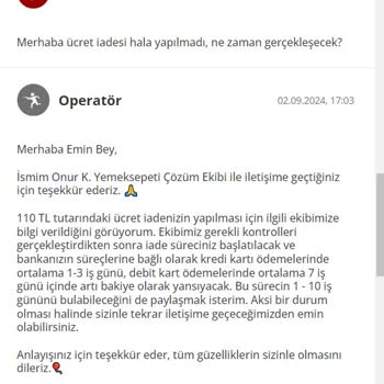 Yemeksepeti Eksik Ürün Teslimatı Ve Ücret İadesi Yapılmaması