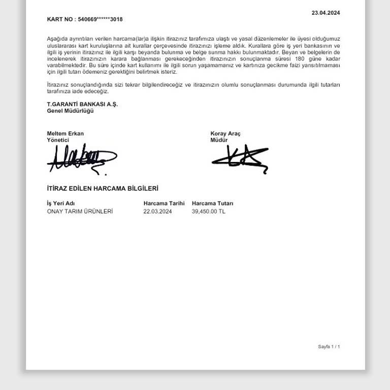 Garanti BBVA Kredi Kartı İşlem İtirazı