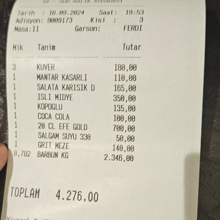 Sur Balık Restaurant Yüksek Fiyatlar Ve Kuver Ücreti Hakkında Şikayet