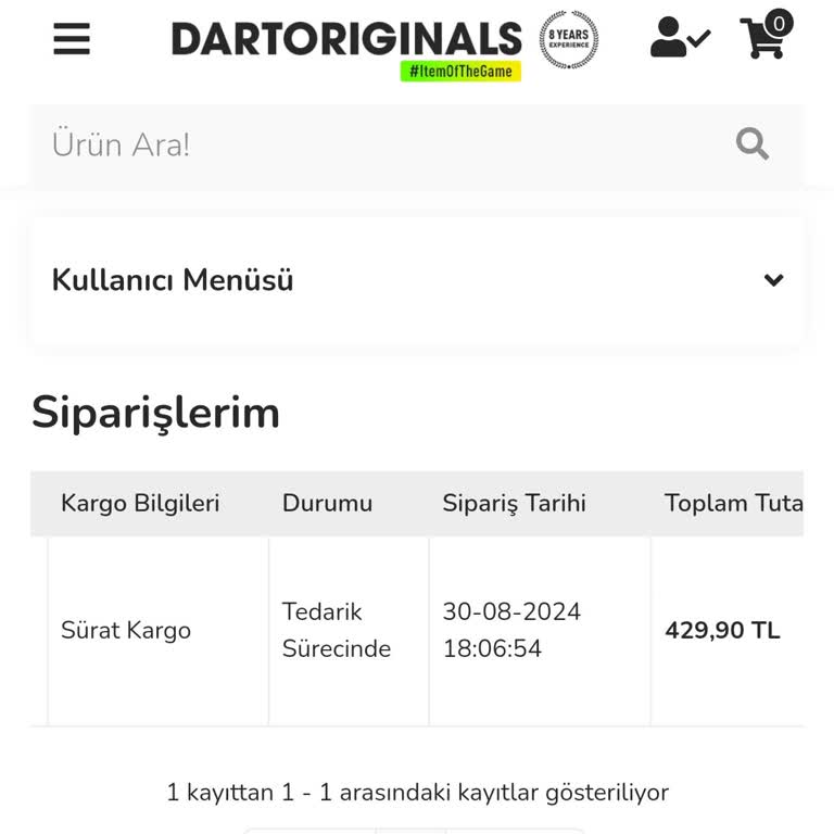 Dartoriginals 30 Ağustos'ta Verilen Sipariş Hala Teslim Edilmedi!