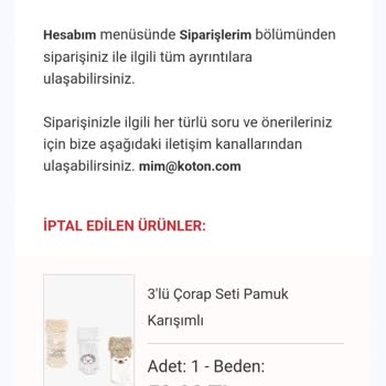 Koton Siparişimdeki Ürünü Göndersin Lütfen