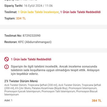 Trendyol Yemek İade Taleplerine Haksız Red Dönüşü Yapıyor. (KFC)
