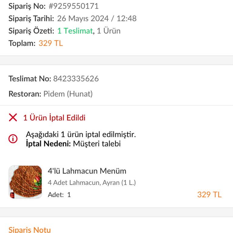 Trendyol Yemek Siparişi İptalinde Para İadesi Sorunu
