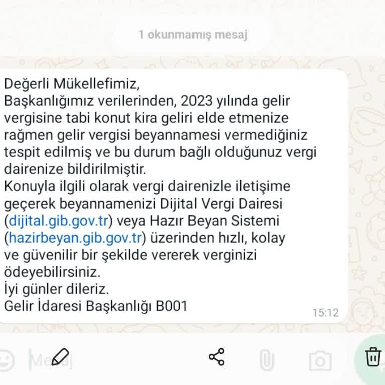 GİB Sürekli Olmayan Kira Gelir Borcu Ödeyin Diye Mesaj Atıyor.