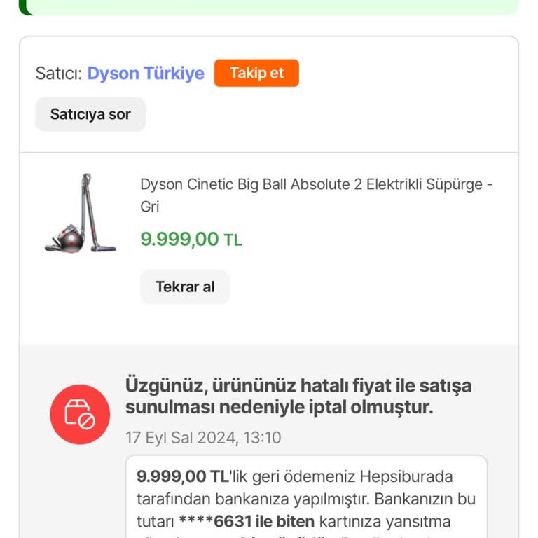 Hepsiburada Dyson Satıcılı Ürünün İptal Edilmesi