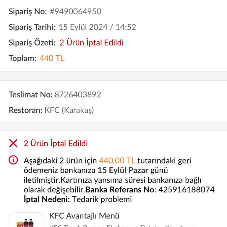 KFC Yemek Sipariş Mağduriyeti