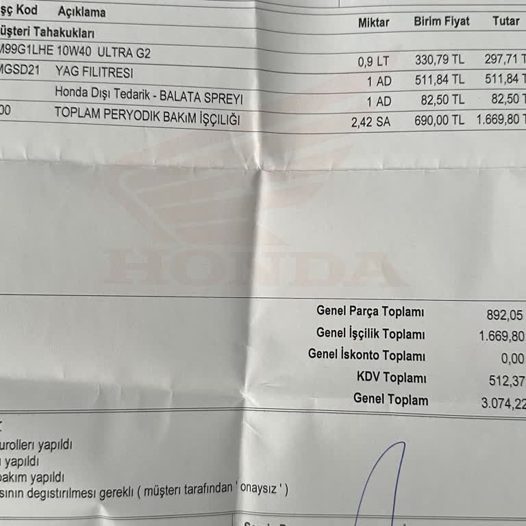 Honda Plaza Haldız Honda Servisinde Yüksek İşçilik Ücreti Şikayeti