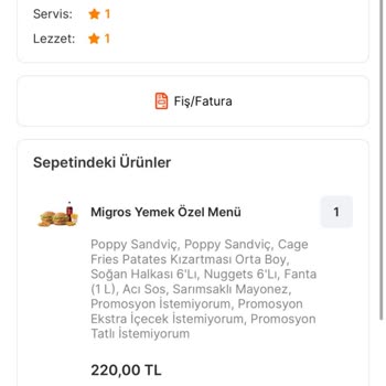 Migros Yemek / Popeyes Eksik Ürün