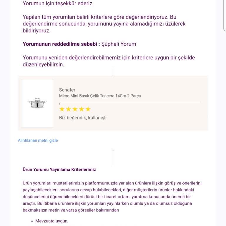 Trendyol Sebepsiz Yorum Reddediyor